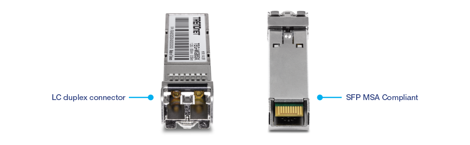 Two views of a TRENDnet TEG-MGBSX SFP transceiver module. The left view highlights the LC duplex connector for fiber optic connections. The right view shows its compliance with the SFP MSA (Multi-Source Agreement) standards, ensuring compatibility with other networking equipment.