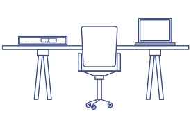 Line drawing of a modern workspace with a desk, office chair, router, and laptop.