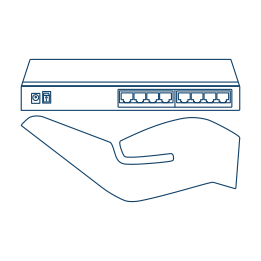 A hand emphasizing the small size of the 8-port Ethernet switch.